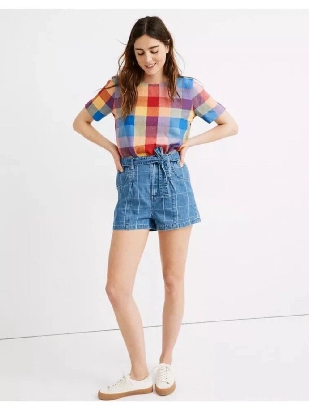 Madewell Denim Paperbag Shorts Indigo Blue Windowpane 28 Elastic Waist & Tie NWT